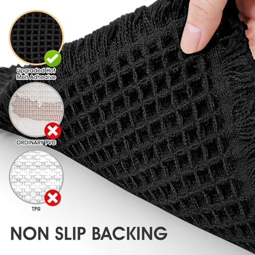 IM HOME Waffle Bath Mat Set 2 Piece Black,Woven Modern Bath Rug Mats, Absorbent Non Slip Bath Floor Mat, Soft Washable Boho Bath Rugs with Tassels for Bathroom, Bedroom, Kitchen,Tub