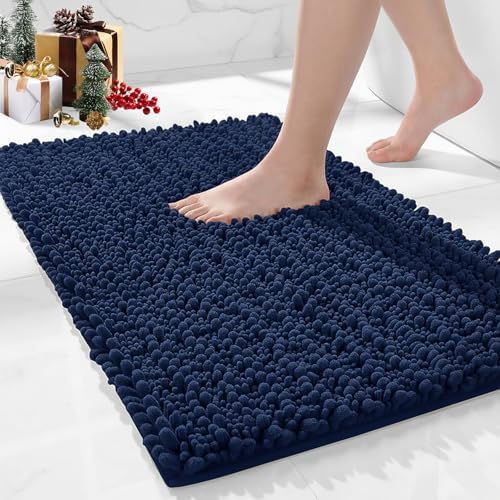 Bathroom Rugs Non Slip Washable, Extra Thick Soft Chenille Absorbent Bath Mat, High Density Barrier Non Slip Backing, Quick Dry Plush Shaggy Floor Carpet for Tub&Shower 24x17, Navy