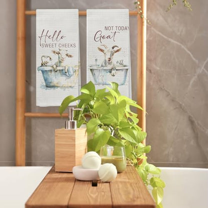 Hello Sweet Cheeks Goat Bathroom Hand Towels, Funny Farmhouse Animal Goat Bathing Decorative Hand Towels for Bathroom Washroom Toilet Restroom, 16x24 Inch Set of 2