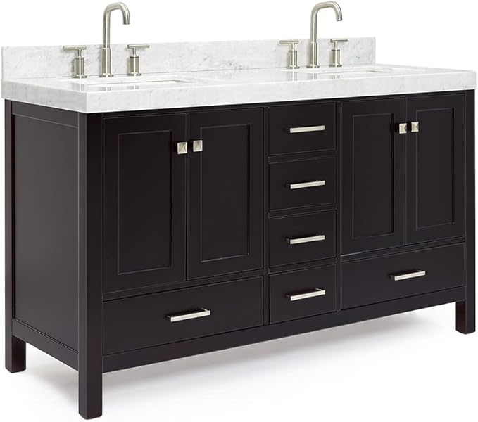 ARIEL Cambridge 60-inch Bathroom Vanity with Sink,Solid Wood, 2-inch Italian Carrara Marble Countertop, Double Rectangular Porcelain Sink, 4 Soft Closing Doors, 6 Dovetail Drawers, Espresso