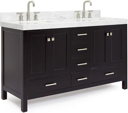 ARIEL Cambridge 60-inch Bathroom Vanity with Sink,Solid Wood, 2-inch Italian Carrara Marble Countertop, Double Rectangular Porcelain Sink, 4 Soft Closing Doors, 6 Dovetail Drawers, Espresso