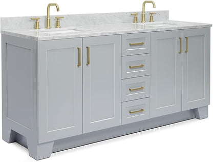 ARIEL Taylor 72-inch Bathroom Vanity with Sink,Solid Wood, 0.75-inch Italian Carrara Marble Countertop, Double Rectangular Porcelain Sink, 4 Soft Closing Doors, 6 Dovetail Drawers, Grey