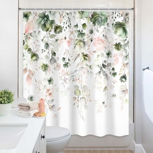 Summer Green Pink Floral Spring Eucalyptus Bathroom Shower Curtain Set