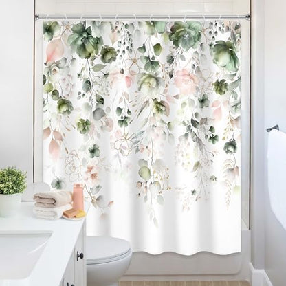 Summer Green Pink Floral Spring Eucalyptus Bathroom Shower Curtain Set