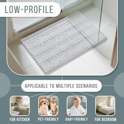 Yimobra Bathroom Rug Mat 24 x 17, Non Slip and Super Absorbent Bath Mat,Machine Washable Quick Dry,Ultra Plush Chenille Shower Rugs for Bathroom Floor Sink Tub and Shower Outside,Silver