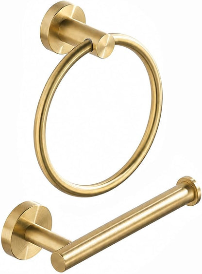 Toilet Paper Holder Towel Ring Brushed Gold Bathroom Hardware Hand Towel Holder Bathroom Accessories Set Wall Mount Stainless Steel 2 Pieces