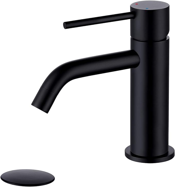 Single Hole Matte Black Bathroom Faucet with Pop Up Drain Assembly and Faucet Supply Hose, JXMMP Single Handle Lavatory Faucets for Sink, Black Sink Faucet Bathroom