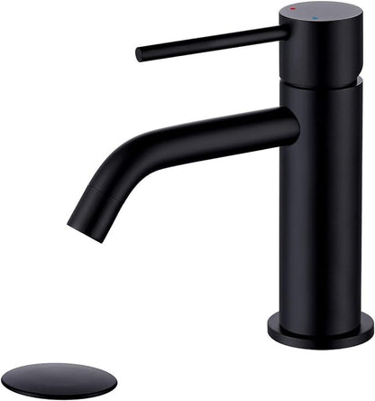 Single Hole Matte Black Bathroom Faucet with Pop Up Drain Assembly and Faucet Supply Hose, JXMMP Single Handle Lavatory Faucets for Sink, Black Sink Faucet Bathroom