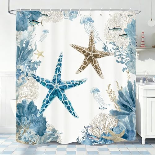 Brown Beach Shower Curtain for Bathroom, Ocean Coastal Theme, 72x72 In