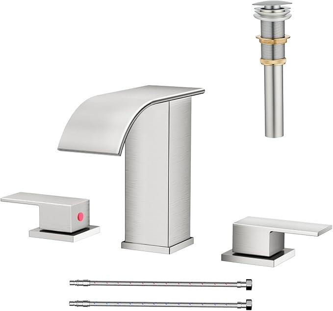 Waterfall Bathroom Faucet 3 Hole, Brushed Nickel 8 Inch Widespread Modern 3 Piece Bathroom Sink Faucet, Touch On Lavatory Faucet for Vanity RV Restroom, Curved Spout