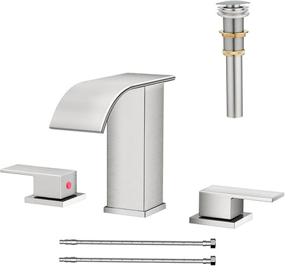 Waterfall Bathroom Faucet 3 Hole, Brushed Nickel 8 Inch Widespread Modern 3 Piece Bathroom Sink Faucet, Touch On Lavatory Faucet for Vanity RV Restroom, Curved Spout