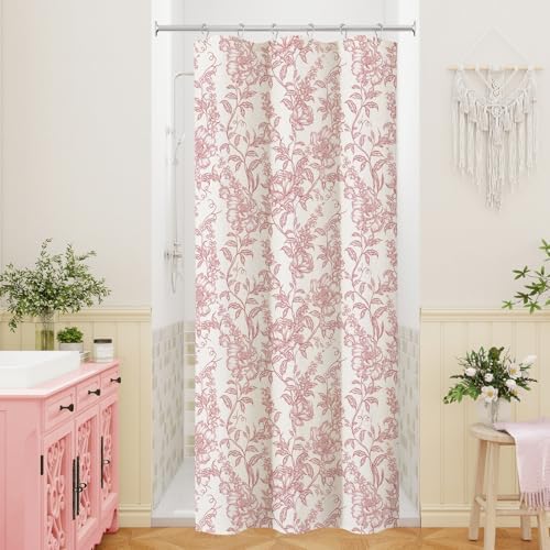 Pink Boho Linen Fabric Shower Curtain , Farmhouse Floral For Bathroom