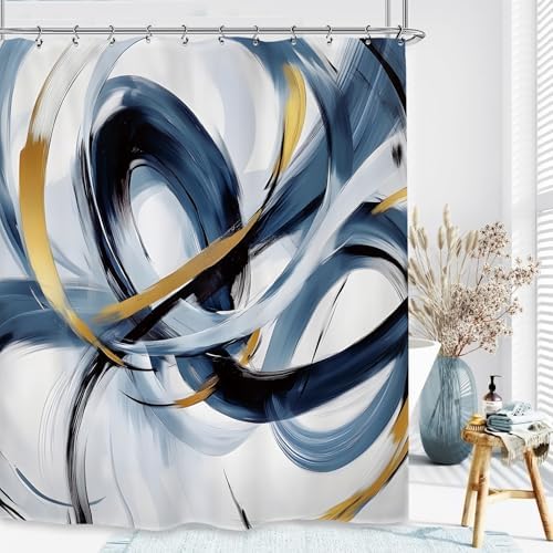 Abstract Navy Blue Shower Curtain 60Wx72L Inch Modern Neutral Minimalist Contemporary Art Bathroom Set Accessories Decor with 12 Pack Hooks