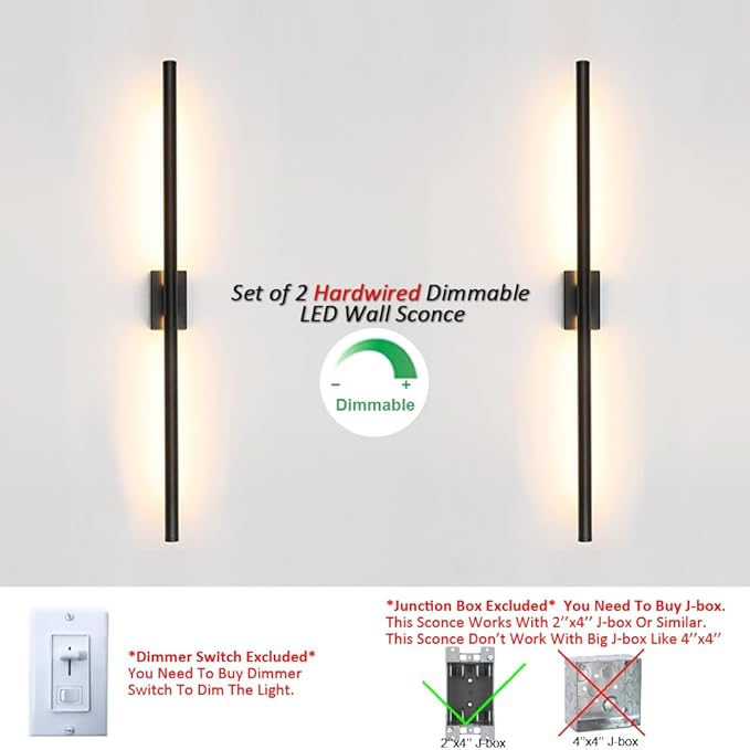 Only Suitable for Small Junction Box Set of 2 Hardwired Dimmable Long Black Tube Wall Sconce Linear Vanity Wall Light for Bathroom Bedroom Living Room Hallway (2 Pack, 32'', Black, Dimmable)