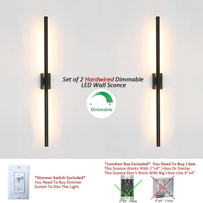 Only Suitable for Small Junction Box Set of 2 Hardwired Dimmable Long Black Tube Wall Sconce Linear Vanity Wall Light for Bathroom Bedroom Living Room Hallway (2 Pack, 32'', Black, Dimmable)