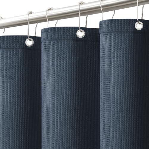 LXBNI Blue Waffle Shower Curtain, Cotton Blend with Metal Hooks, 72x72