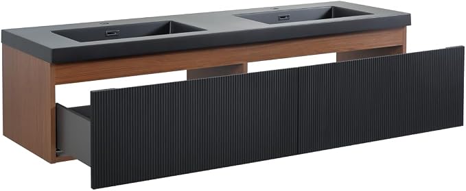 60 Inch Floating Bathroom Vanity with Double Sinks, Wall Mounted Striped Storage Cabinet, Soft Close Drawer, Black Quartz Sand Basin, Fully Assembled, Smoked Walnut Finish