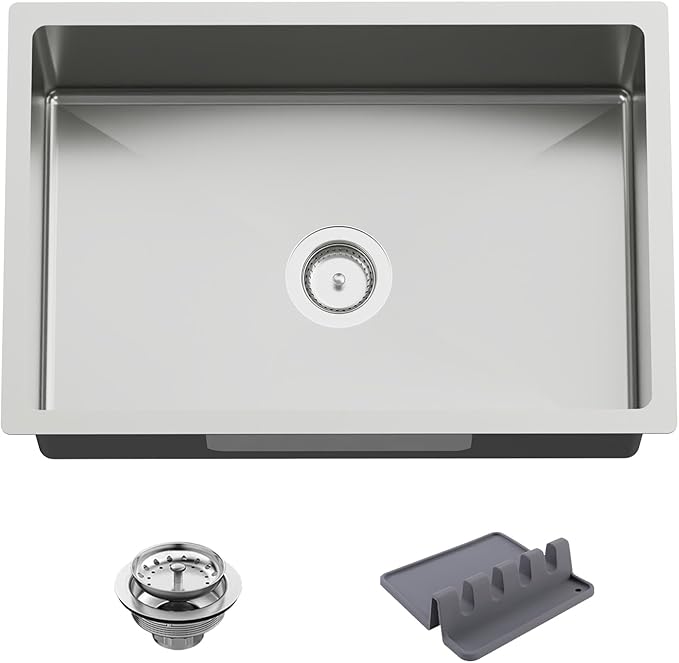 Kitchen And Bar Sink, 27x18 Inch Stainless Steel Undermount Modern Single Bowl Kitchen And Bar Sink Combo-Silicon Mat,Drain Strainer Set Compatibility With Various Kitchen&Bar Style