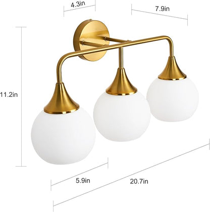 Modern Gold Bathroom Vanity Lights 3-Light Bathroom Light Fixtures Over Mirror with Milk White Glass Shade Modern Wall Sconce Lighting Bath Vanity Lights (Exclude E26 Bulb)