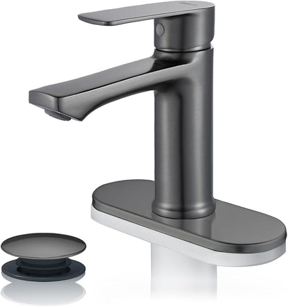 BELZ Grey Bathroom Faucet, Lead-Free 1 or 3 Hole (4") Vanity Sink Faucet | NSF372 Compliant, Anti-corrosion Coating, 6'' Single Handle Sink Faucet with pop-up drain & hot/cold hoses, Easy DIY Install