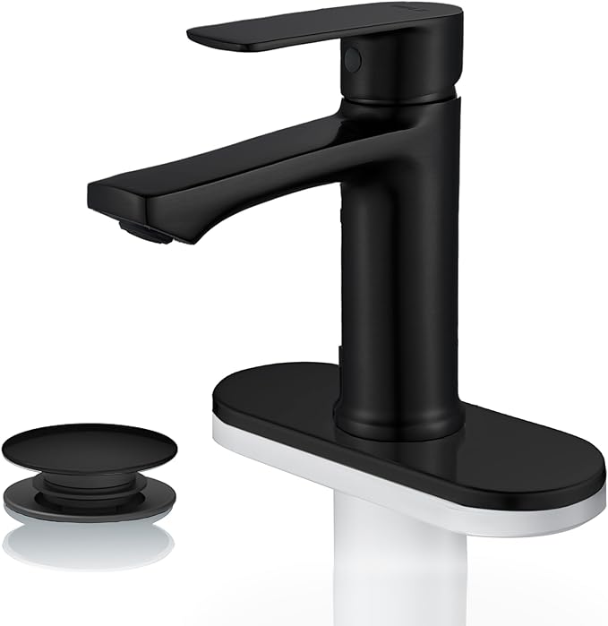 BELZ Black Bathroom Sink Faucet Single Handle Bath Vanity Sink Faucets One Hole with Pop Up Drain and Deck Plate for 1 or 3 Holes Modern Washroom Faucet Matte Black