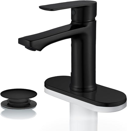 BELZ Black Bathroom Sink Faucet Single Handle Bath Vanity Sink Faucets One Hole with Pop Up Drain and Deck Plate for 1 or 3 Holes Modern Washroom Faucet Matte Black