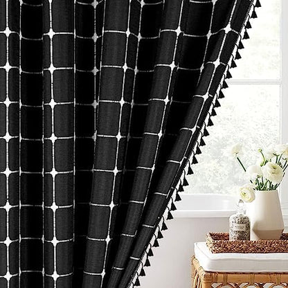 Boho Farmhouse Classic Plaid Linen Tassel Shower Curtain Black,72x72