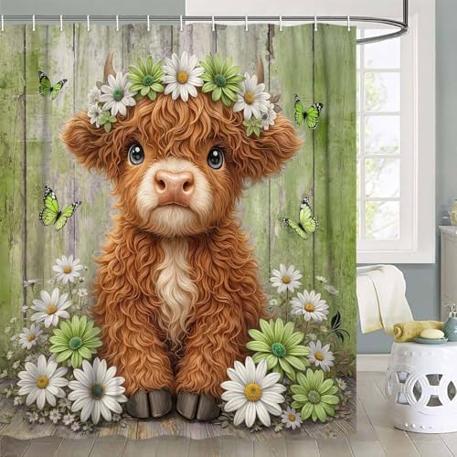 Cute Cow Shower Curtain, Farmhouse Rustic Floral Daisy Highland Cow Shower Curtains for Bathroom, Calf Country Farm Animal Garden Plant Fabric Bathroom Decor with Hooks, 70x72 inch
