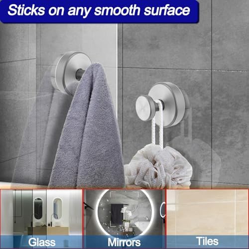 Bntuk Suction Cup Hooks for Shower, Removable Towel Hooks for Bathroom Window Glass Door Wall, Bath Robe Looafh Hook for Hanging - 4 Pack, Silver