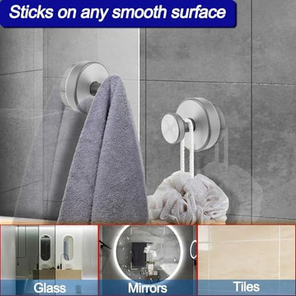 Bntuk Suction Cup Hooks for Shower, Removable Towel Hooks for Bathroom Window Glass Door Wall, Bath Robe Looafh Hook for Hanging - 4 Pack, Silver
