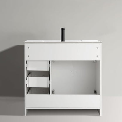 36" Bathroom Vanity with Sink,Plywood Construction Cabinet,2 Soft Closing Doors & 3 Full Extension Drawers Without Faucet Drain and Mirror, White Color
