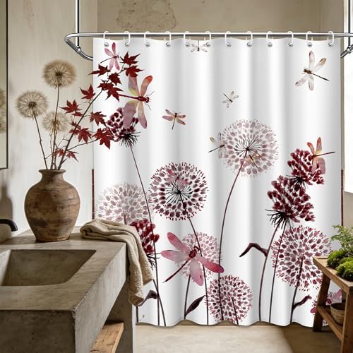 Burgundy & White Shower Curtain Spring Dandelion Dragonfly Deep Red and White Watercolor Shower Curtains for Bathroom Decor, Waterproof Cloth Fabric with Hooks 70" Wx72 L