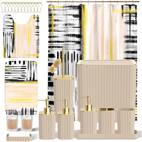 Bathroom Set - Bathroom Accessory Set, Beige Bathroom Set, 26PC Bathroom Sets with Shower Curtain and Rugs, Toilet Brush, Trash Can, Qtip Holder & Bathroom Soap Dispenser Set