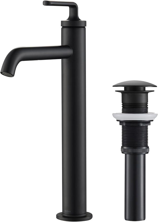 KRAUS Ramus Single Handle Vessel Sink Bathroom Faucet with Pop-Up Drain in Matte Black, KVF-1220MB