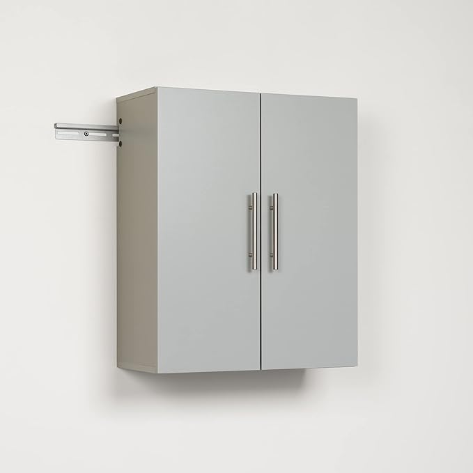 Prepac HangUps 24'' Upper Cabinet, Wall Hanging Storage Cupboard for Garage, Bathroom, Kitchen, Laundry Room Organization, Light Gray with Satin Nickel Handles