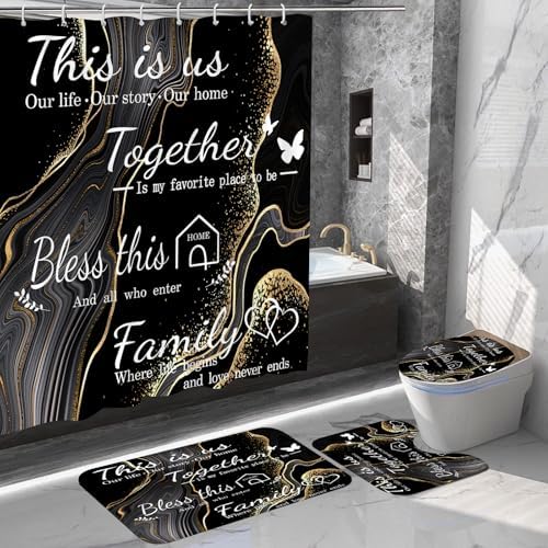 4Pcs Family Marble Shower Curtain Sets with Rugs