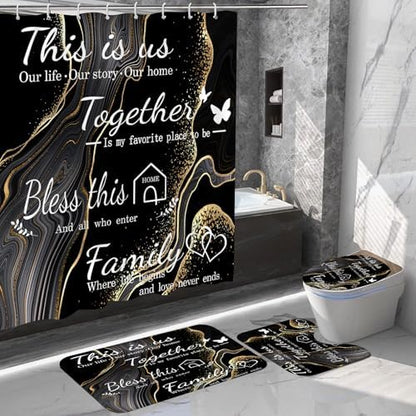 4Pcs Family Marble Shower Curtain Sets with Rugs