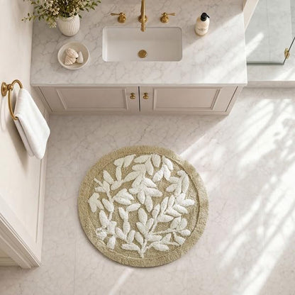 Madison Park Serene Tufted Bath Rug Cotton Absorbent, Round, Natural | Quick Dry, Soft Pile, Machine Washable, Floral Pattern, Plush, OEKO-TEX Certified