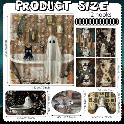 FuWeave 8 Pcs Halloween Shower Curtain Set, Vintage Ghost Black Cat Bathroom Decor with Floral Pattern, Include Non-Slip Bath Mat, Toilet Lid Cover, Towels and 12 Hooks for Spooky Gothic Bathroom