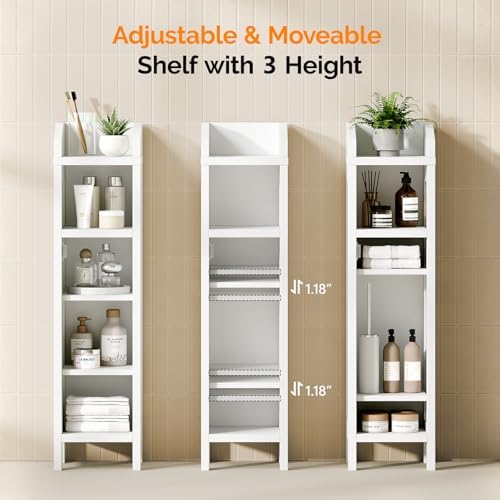 VINGLI Small Storage Corner Floor Cabinet, 7.9" Narrow Toilet Paper Storage Holder with Fluted Door, Skinny Freestanding Organizer for Small Spaces, Slim Bathroom Storage Cabinet, White