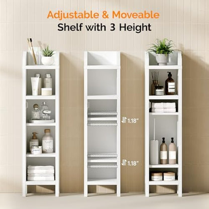VINGLI Small Storage Corner Floor Cabinet, 7.9" Narrow Toilet Paper Storage Holder with Fluted Door, Skinny Freestanding Organizer for Small Spaces, Slim Bathroom Storage Cabinet, White