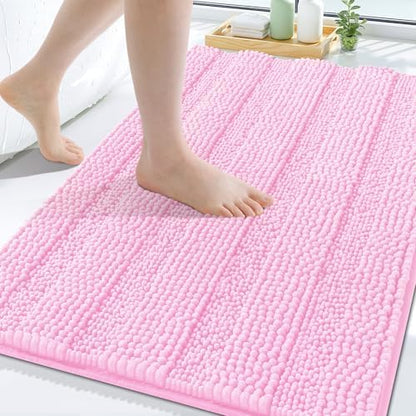 Grandaily Chenille Striped Bathroom Rugs 24x16, Extra Thick and Soft Absorbent Bath Mats, Rubber Backing, Plush Shaggy Shower Carpet, Machine Wash Dry, Bath Rug for Bathroom, Light Pink