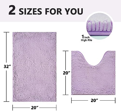 BOANKODU Bathroom Rugs Sets 2 Piece, Absorbent Bath Mat for Bathroom Very Soft Chenille Non-Slip, 32x20 Inch + 20x20 Inch U Shape Bathroom Mat, Machine Washable Bath Rugs (Lavender)