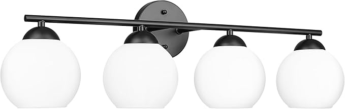 Emak 29 Inch Black Vanity Light with Milk Glass Shade, Farmhouse Globe Bathroom Light Fixtures Over Mirror, Modern 4-Light Bathroom Vanity Light, VL114-BK-ML-4