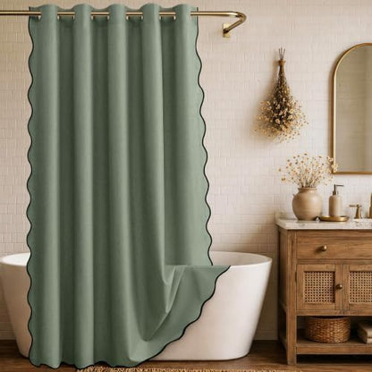 Furlinic No Hook Shower Curtain Scalloped Green Waterproof 72 Inch Fabric