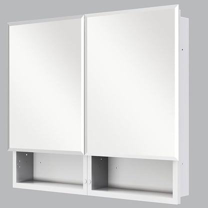 32 x 26 Inches Bathroom Medicine Cabinet with Mirror, Double Door Bathroom Mirror Cabinet, Surface or Recessed Mount White Storage Cabinet, Frameless Beveled Edge Wall Mounted Mirror Cabinet