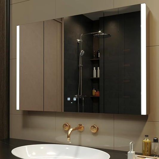 KWW LED Lighted Bathroom Medicine Cabinet with Sockets & USBs, Defogger, Dimmable, 3 Color Light Makeup Mirror, Easy to Install, Wall Mounted Cabinet (3 door-41 * 28)