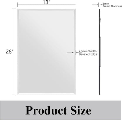 Frameless Bathroom Mirror, 18" x 26" Beveled Wall Mirror | 5mm HD glass, 20mm beveled edge, frameless, anti-rust, shatterproof, french cleat, horizontally or vertically