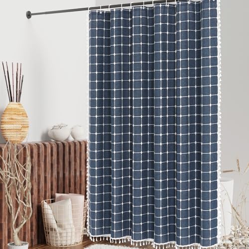 Boho Farmhouse Classic Plaid Linen Tassel Shower Curtain Navy Blue,72x72