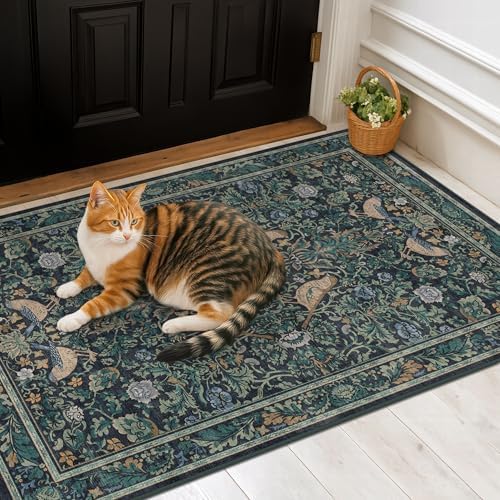 Traditional Washable Entryway Rugs, 3x4 Blue and Green Floral Kitchen Mat for Floor, Bedside, Rug for Laundry Room Floor Non Slip, Moody Stain Resistant Low Plie Carpet